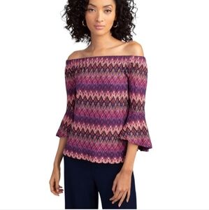 TRINA TURK Healdsburg Top In Multi Zig Zag Print Off Shoulder Flare Sleeve